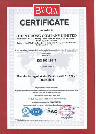 Chứng nhận ISO 9001:2015 Famy